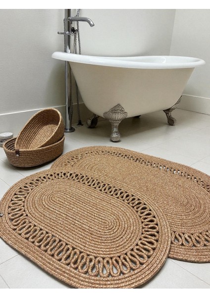 Terra 4’lü Banyo Seti – 2’li Oval Paspas & 2’li Oval Sepet, Doğal Halat Dokuma, El Yapımı - Premium