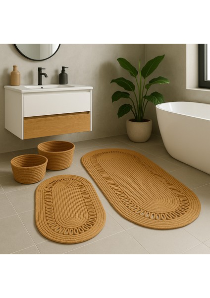 Terra 4’lü Banyo Seti – 2’li Oval Paspas & 2’li Oval Sepet, Doğal Halat Dokuma, El Yapımı - Premium fırsatları