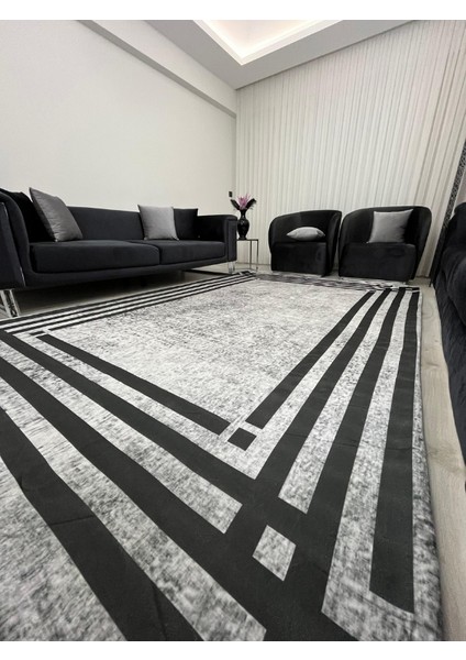 Siyah Çizgili Modern Gri Halı Örtüsü - Minimal Tasarım Kaymaz Taban Yıkanabilir fiyatları