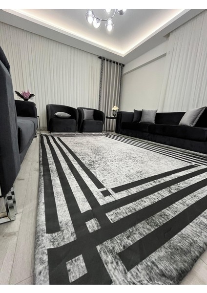 Siyah Çizgili Modern Gri Halı Örtüsü - Minimal Tasarım Kaymaz Taban Yıkanabilir modelleri