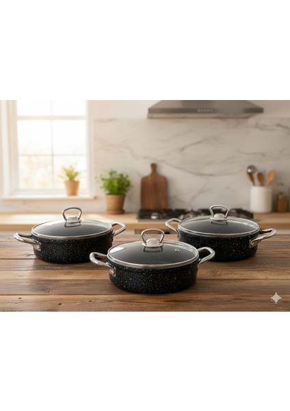 6 Parça Siyah Granit Omlet Seti / Tava Seti / Tencere Seti