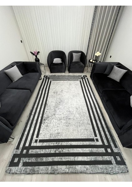 Siyah Çizgili Modern Gri Halı Örtüsü - Minimal Tasarım Kaymaz Taban Yıkanabilir