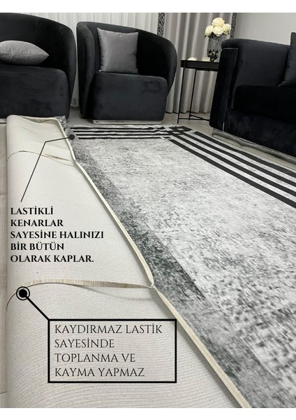 Siyah Çizgili Modern Gri Halı Örtüsü - Minimal Tasarım Kaymaz Taban Yıkanabilir fırsatları