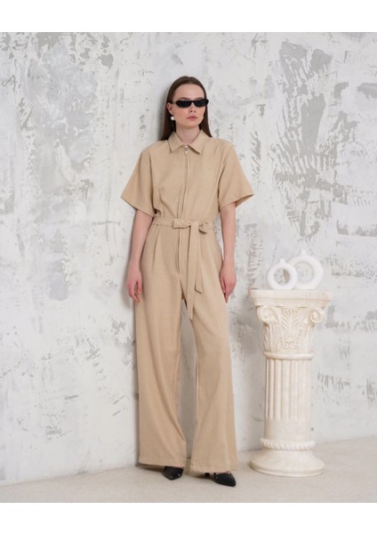 Kuşaklı Gömlek Yaka Salaş Tulum Bej S255822