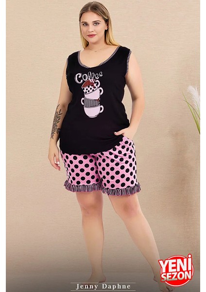 Lady Büyük Beden Puantiyeli Kolsuz Şortlu Pijama Takımı