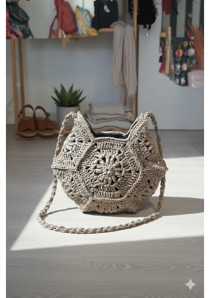 El Yapımı Kağıt Ip Altıgen Motifli El ve Omuz Çantası