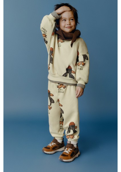 Unisex Çocuk Pamuklu Ekru Penguen Desenli Sweatshirt ve Eşofman Takım