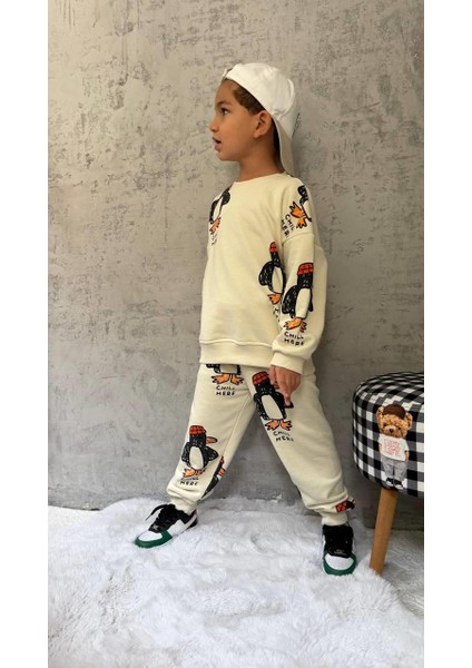 Unisex Çocuk Pamuklu Ekru Penguen Desenli Sweatshirt ve Eşofman Takım fiyatları