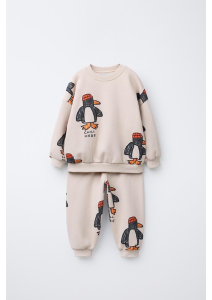 Unisex Çocuk Pamuklu Ekru Penguen Desenli Sweatshirt ve Eşofman Takım fırsatları