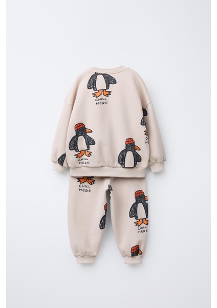 Unisex Çocuk Pamuklu Ekru Penguen Desenli Sweatshirt ve Eşofman Takım indirimleri