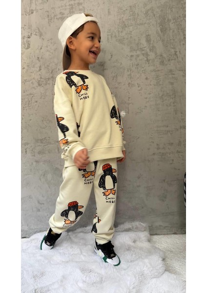 Unisex Çocuk Pamuklu Ekru Penguen Desenli Sweatshirt ve Eşofman Takım
