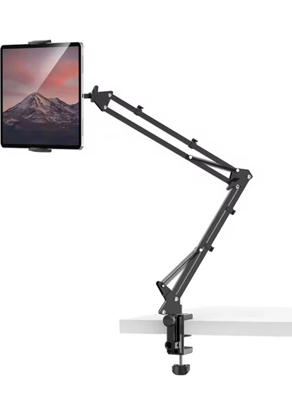 Metal 360° Uzun Kol Tablet/telefon Standı Kelepçeli Masa/yatak Başlığı Tutucu 6¨-12.9¨uyumlu