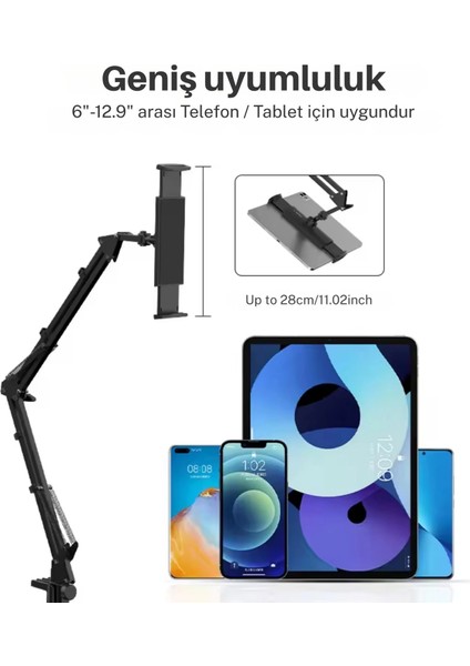 Metal 360° Uzun Kol Tablet/telefon Standı Kelepçeli Masa/yatak Başlığı Tutucu 6¨-12.9¨uyumlu fiyatları