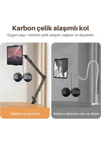 Metal 360° Uzun Kol Tablet/telefon Standı Kelepçeli Masa/yatak Başlığı Tutucu 6¨-12.9¨uyumlu fırsatları