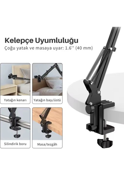Metal 360° Uzun Kol Tablet/telefon Standı Kelepçeli Masa/yatak Başlığı Tutucu 6¨-12.9¨uyumlu indirimleri