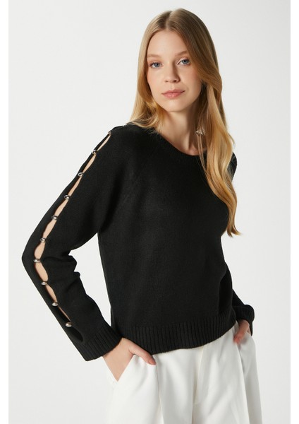 Kadın Raise Kol Detay Siyah Triko Kazak 8667