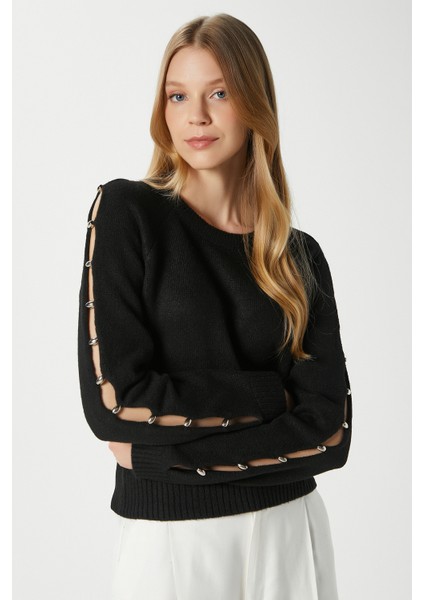 Kadın Raise Kol Detay Siyah Triko Kazak 8667 fiyatları