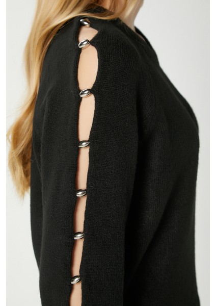 Kadın Raise Kol Detay Siyah Triko Kazak 8667 modelleri