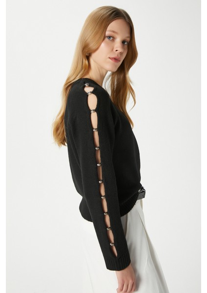 Kadın Raise Kol Detay Siyah Triko Kazak 8667 fırsatları