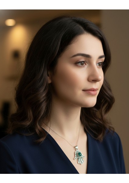 925 Ayar Gümüş Fatma Ana Eli Telkari Kolye Ucu (Zincirsiz) - Akik, Firuze, Zümrüt, Yakut Taşlı