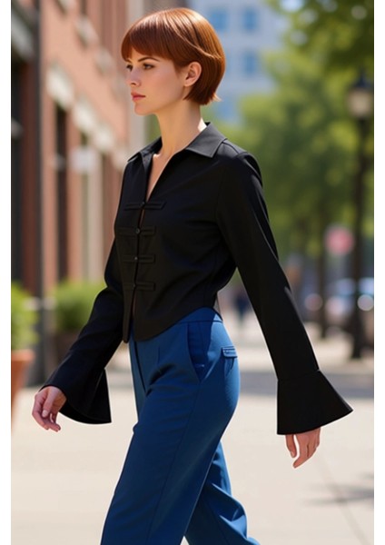 Kadın Büzgü Detaylı Crop Gömlek Modern Şıklık Uzun Kollu Tasarım Fonksiyonel Dayanıklı Şık