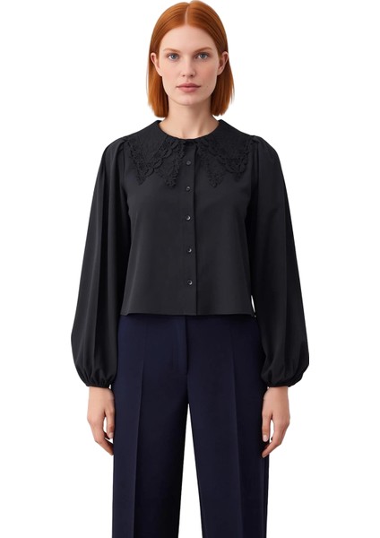 Kadın Güpür Işlemeli Bebe Yaka Crop Gömlek Uzun Balon Kollu Dokuma Kumaş Konforlu Kesim Günlük fırsatları