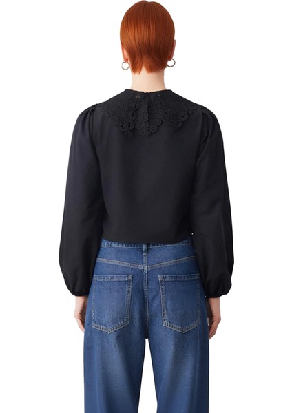 Kadın Güpür Işlemeli Bebe Yaka Crop Gömlek Uzun Balon Kollu Dokuma Kumaş Konforlu Kesim Günlük indirimleri