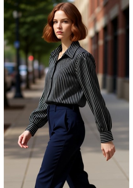 Kadınların Günlük Dokunuş Katacak Oversize Çizgili Dokuma Gömlek Seçeneği Fonksiyonel Spor