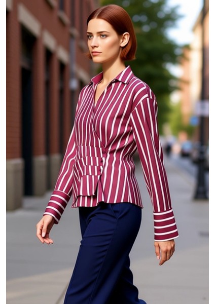 Kadın Çizgili Kruvaze Detaylı Uzun Kollu Dokuma Bluz Gömlek Fonksiyonel Dayanıklı Kaliteli