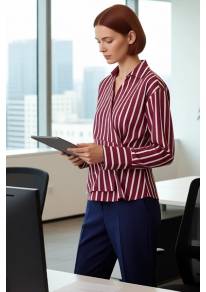 Kadın Çizgili Kruvaze Detaylı Uzun Kollu Dokuma Bluz Gömlek Fonksiyonel Dayanıklı Kaliteli modelleri