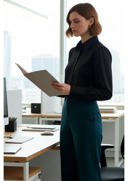 Klasik Gömlek Yaka Balon Kol Düz Renk Pamuklu Dokuma Gömlek Kadın Özel Tasarım Fonksiyonel modelleri