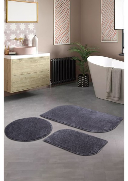 Antrasit Cloudy Banyo Takımı 3'lü Dekoratif Peluş Kaymaz Taban Yıkanabilir. (60X100-40X60-60X60)