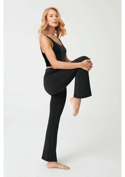 Siyah Yüksek Bel Çift Cepli Ispanyol Paça Kadın Tayt