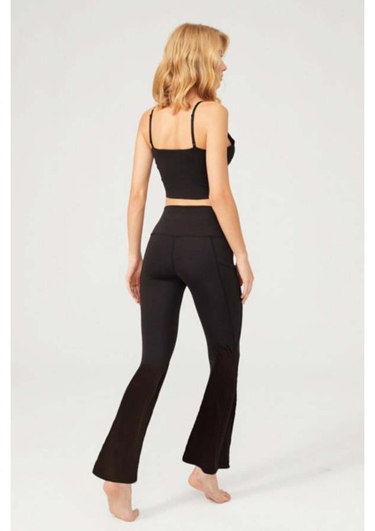 Siyah Yüksek Bel Çift Cepli Ispanyol Paça Kadın Tayt fiyatları