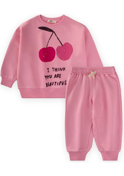 Kiraz Baskılı Sweatshirt Takım 2-10 Yaş Pembe
