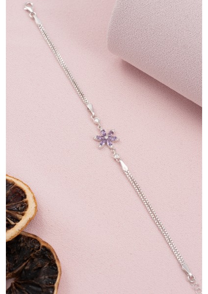 925 Ayar Gümüş Rodyumlu Zirkon Taşlı Mor Lotus Çiçeği Bileklik