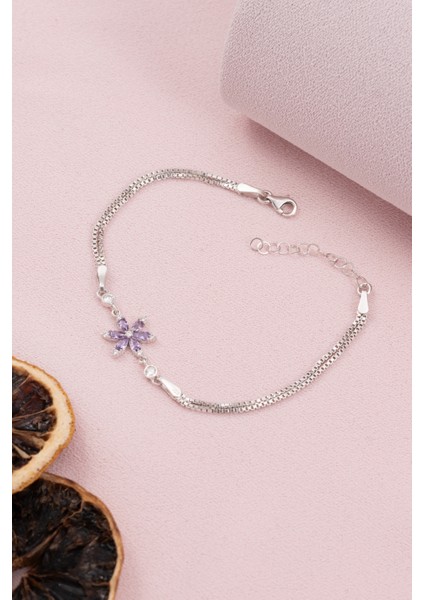 925 Ayar Gümüş Rodyumlu Zirkon Taşlı Mor Lotus Çiçeği Bileklik fiyatları