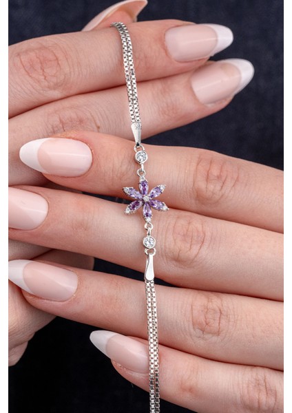 925 Ayar Gümüş Rodyumlu Zirkon Taşlı Mor Lotus Çiçeği Bileklik modelleri