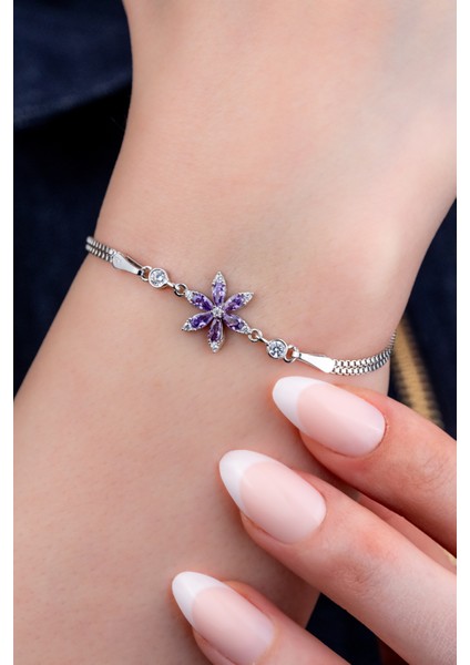 925 Ayar Gümüş Rodyumlu Zirkon Taşlı Mor Lotus Çiçeği Bileklik fırsatları