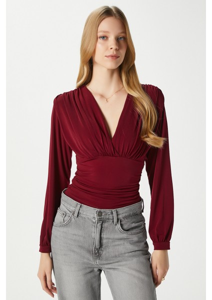 Kadın Sante V Yaka Bordo Yumuşak Sandy Bluz