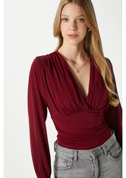Kadın Sante V Yaka Bordo Yumuşak Sandy Bluz fiyatları