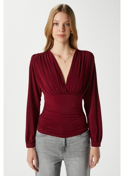 Kadın Sante V Yaka Bordo Yumuşak Sandy Bluz fırsatları
