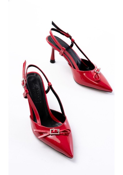 İNF-2300 Kırmızı Rugan Günlük Arkası Açık Fiyonklu Topuklu Bayan Ayakkabı modelleri