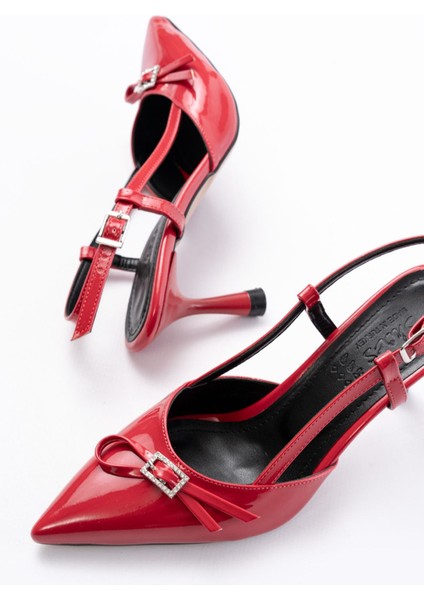 İNF-2300 Kırmızı Rugan Günlük Arkası Açık Fiyonklu Topuklu Bayan Ayakkabı indirimleri