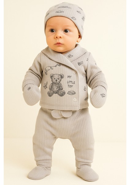 Erkek Bebek Gri Oyuncak Ayıcık Desenli 5’li Zıbın Takımı – %100 Pamuk ve Rahat Tasarım 10126 0-3 Ay