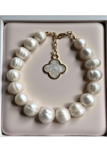 Orijinal Sertifikalı Yonca Detaylı Gerçek Inci Bileklik / 9-10 mm