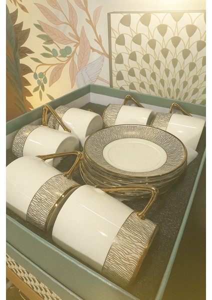 Gold Yaldızlı Kabartmalı 6 Kişilik Kahve Fincan Takımı fiyatları