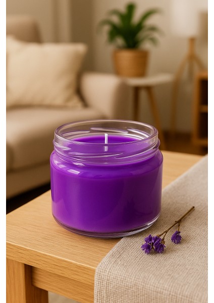 Mor Renk Cam Kavanoz Mum – 330 gr Sandal Ağacı Kokulu – Dekoratif & Huzur Veren