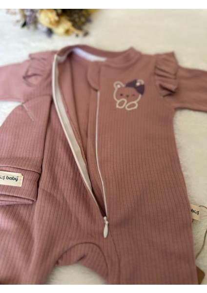 Tuembaby % 100 Pamuk Şapkalı Patikli Ayıcık Baskılı Önden Fermuarlı Kız Bebek Tulum fırsatları