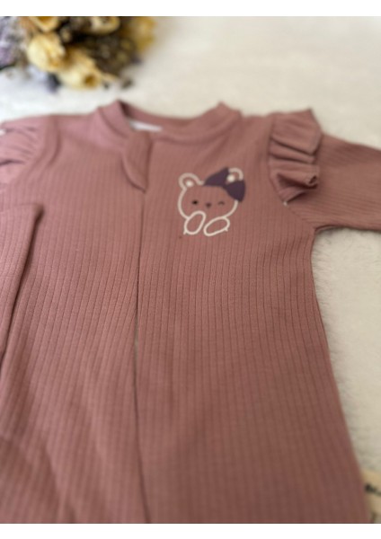 Tuembaby % 100 Pamuk Şapkalı Patikli Ayıcık Baskılı Önden Fermuarlı Kız Bebek Tulum indirimleri